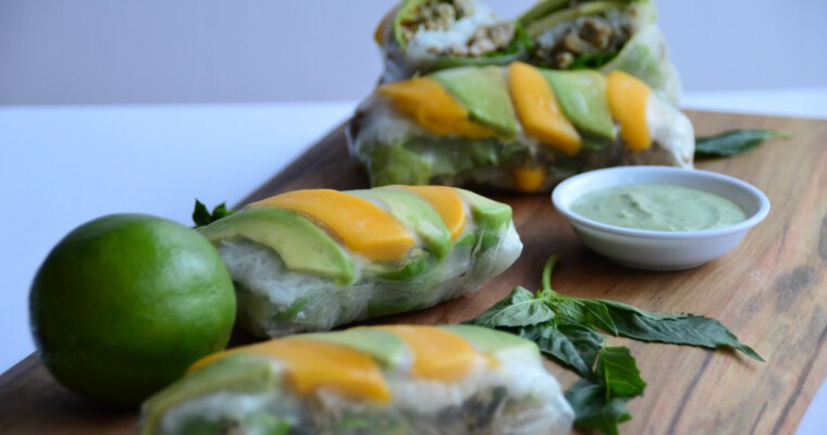 Avocado Basil Pheasant Salad Rolls with Avocado Sauce